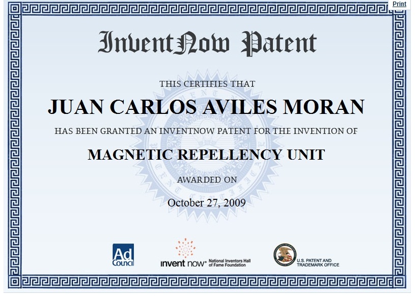 Patent Certificate Magnetic repellency unit. /certificado de patente unidad de repelencia magnetica a nombre de Juan Carlos Aviles Moran .